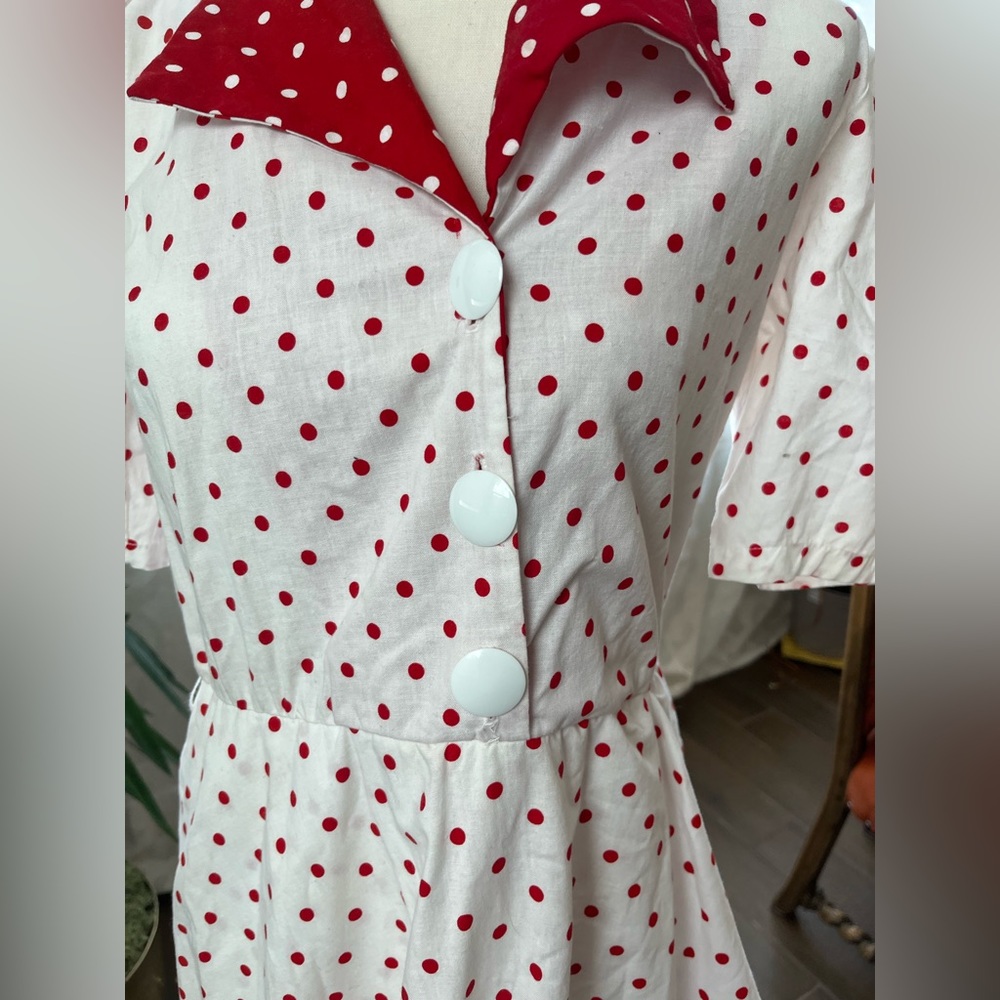 Vintage “I love Lucy” polka dot puff sleeve button up ruffle rockabilly pin up - Picture 6 of 12